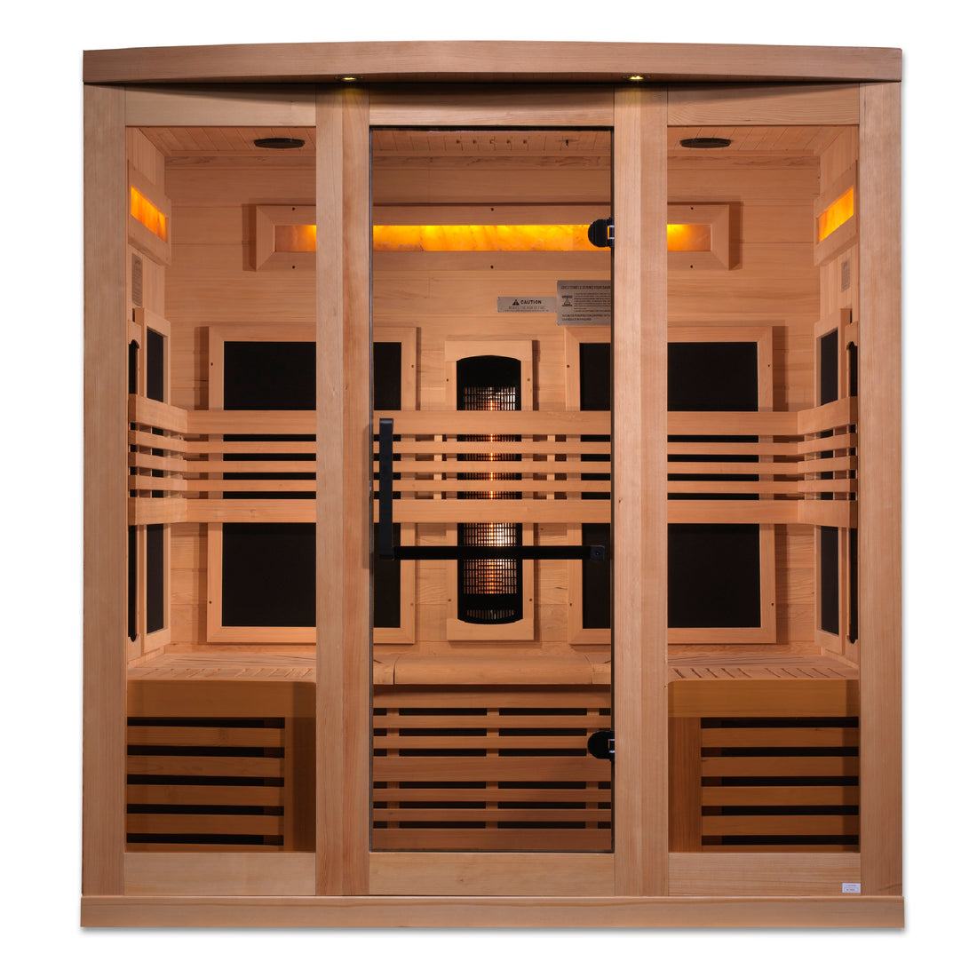 Golden Designs Hemlock wooden sauna 6-Person with interior benches, lights and tempered glass.
