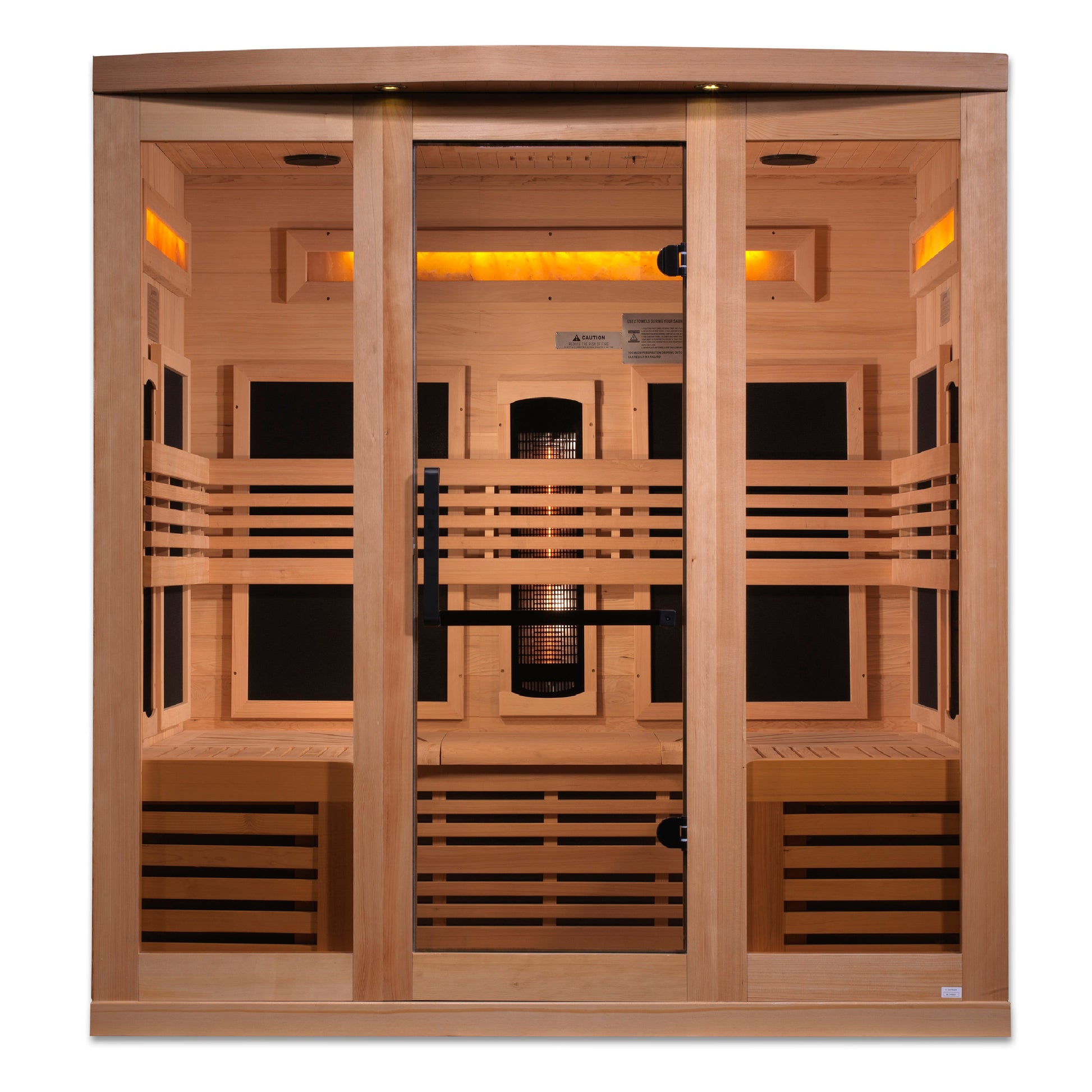 Golden Designs Hemlock wooden sauna 6-Person with interior benches, lights and tempered glass.