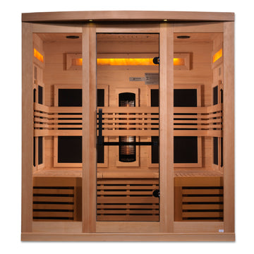 Golden Designs Hemlock wooden sauna 6-Person with interior benches, lights and tempered glass.