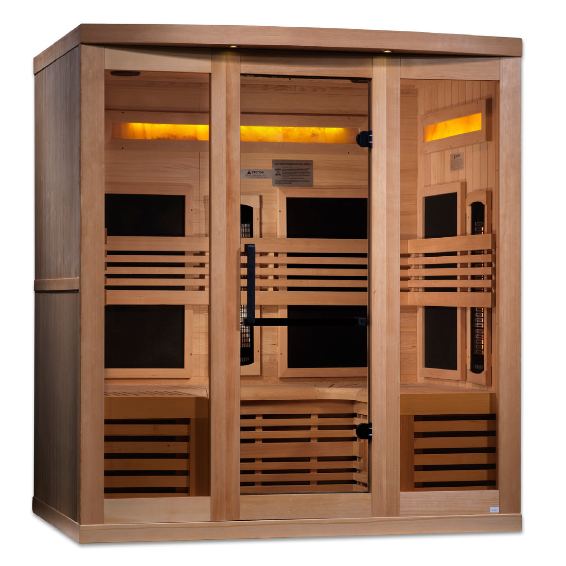 Golden Designs Hemlock wooden sauna 6-Person with interior benches, lights and tempered glass.