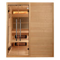 Golden Designs 2025 Toledo 6 Person Hybrid indoor Sauna with Hemlock wood and tempered glass.
