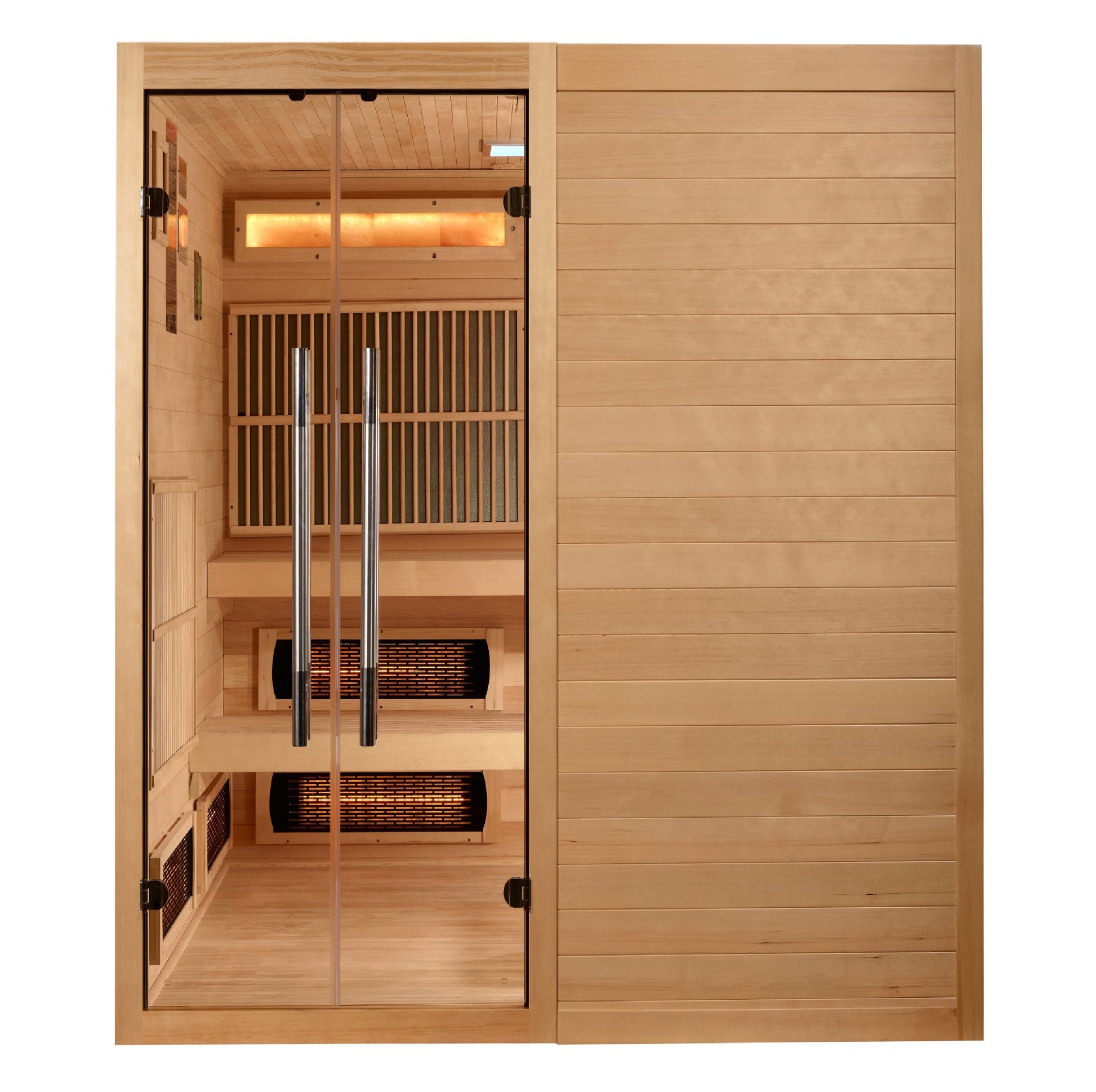 Golden Designs 2025 Toledo 6 Person Hybrid indoor Sauna with Hemlock wood and tempered glass.