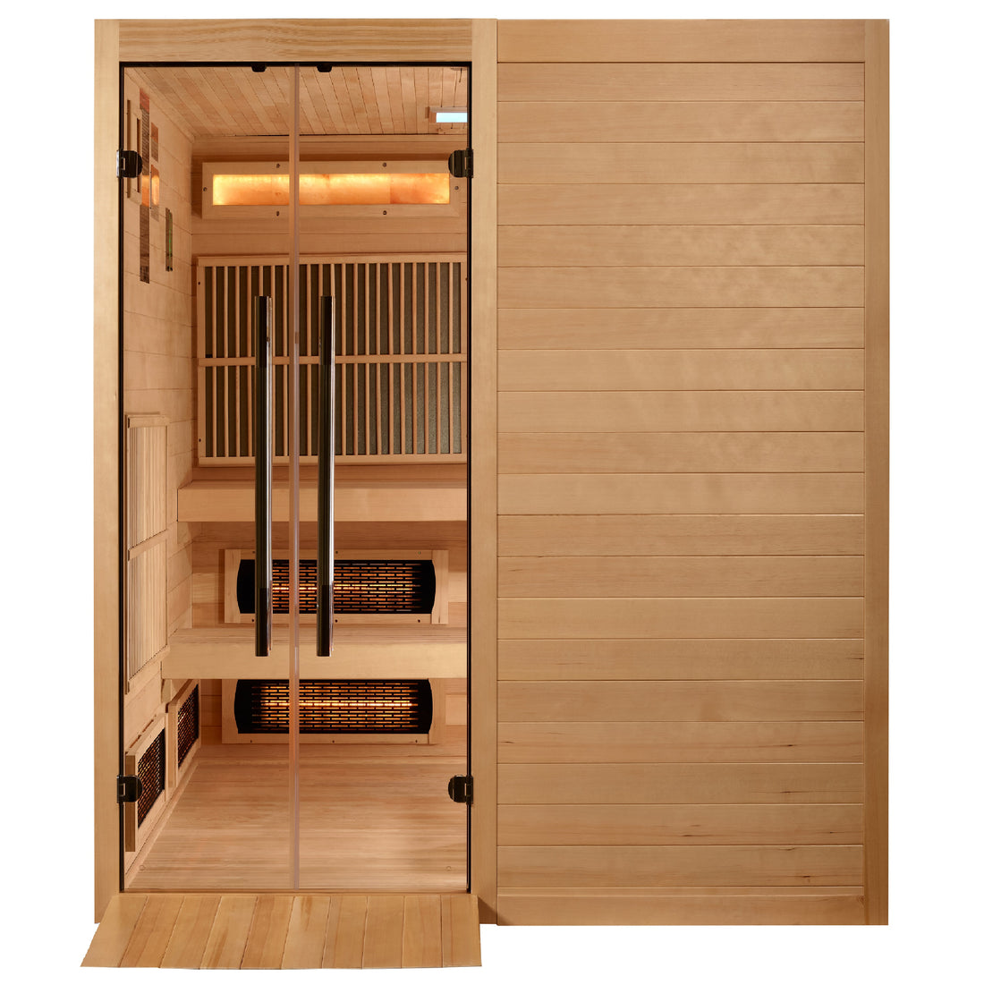 Golden Designs 2025 Toledo 6 Person Hybrid indoor Sauna with Hemlock wood and tempered glass.