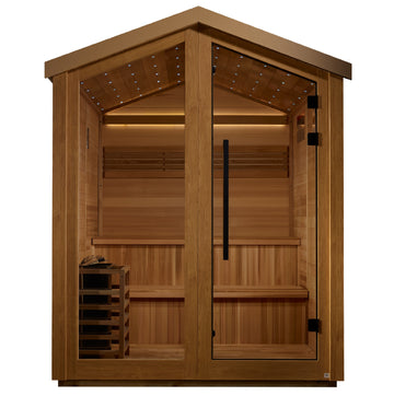Golden Designs Kaarina 6 Person Outdoor Traditional Sauna - Canadian Red Cedar Interior with tempered glass door.