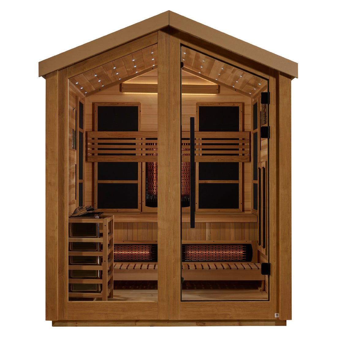 Golden Designs Loviisa 3 Person Hybrid outdoor Sauna with bronze tempered glass door.