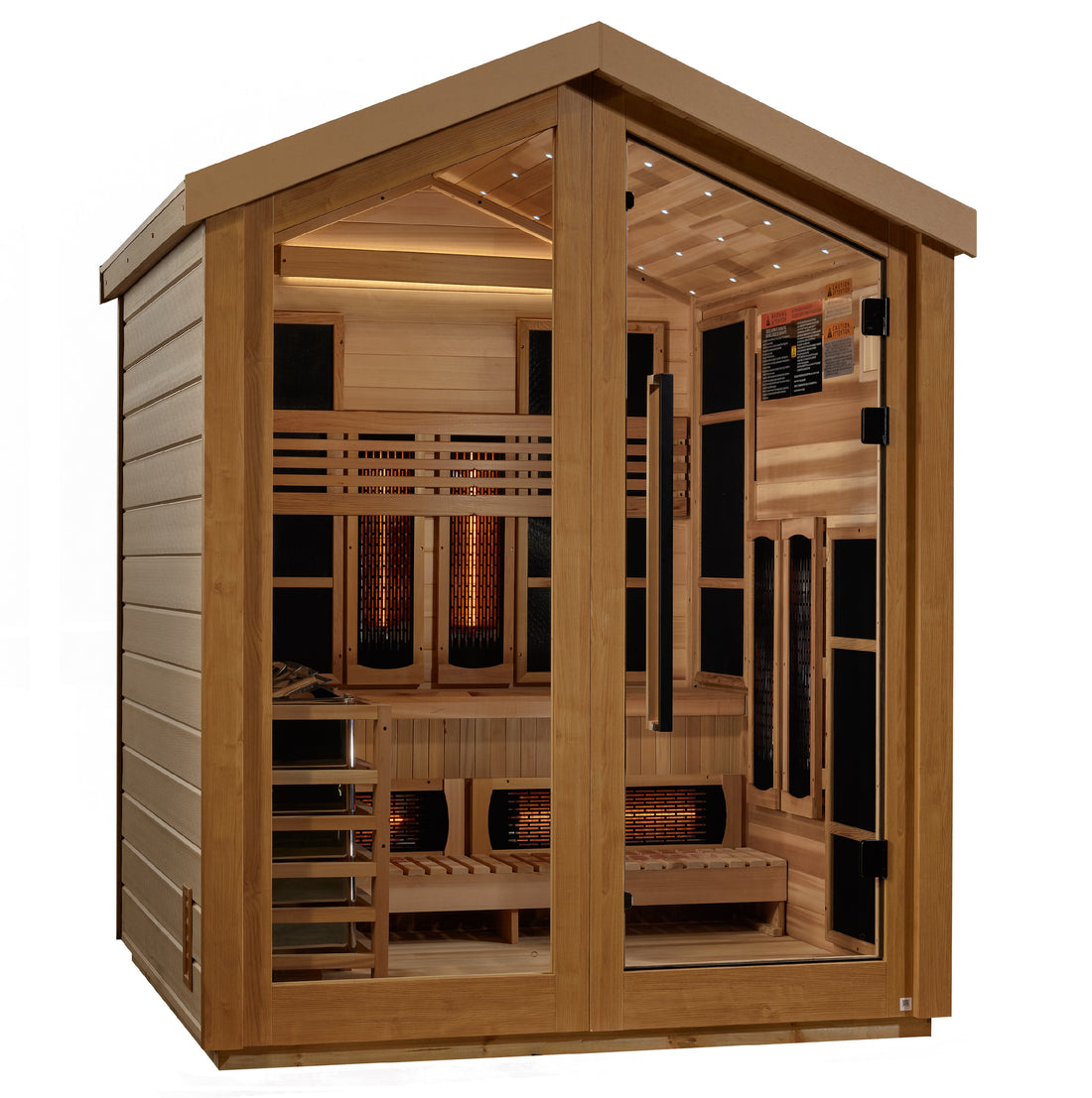 Golden Designs Loviisa 3 Person Hybrid outdoor Sauna with bronze tempered glass door.