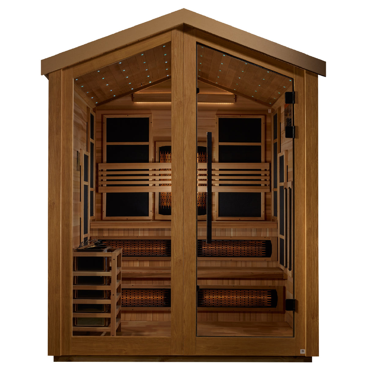 Golden Designs Kaskinen 6 Person Hybrid outdoor sauna with bronze tempered glass door.