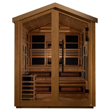 Golden Designs Kaskinen 6 Person Hybrid outdoor sauna with bronze tempered glass door.