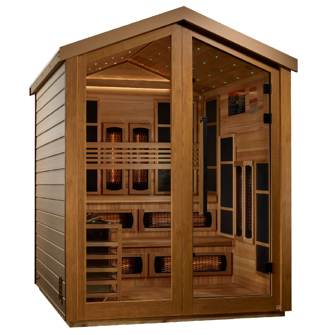 Golden Designs Kaskinen 6 Person Hybrid outdoor sauna with bronze tempered glass door.