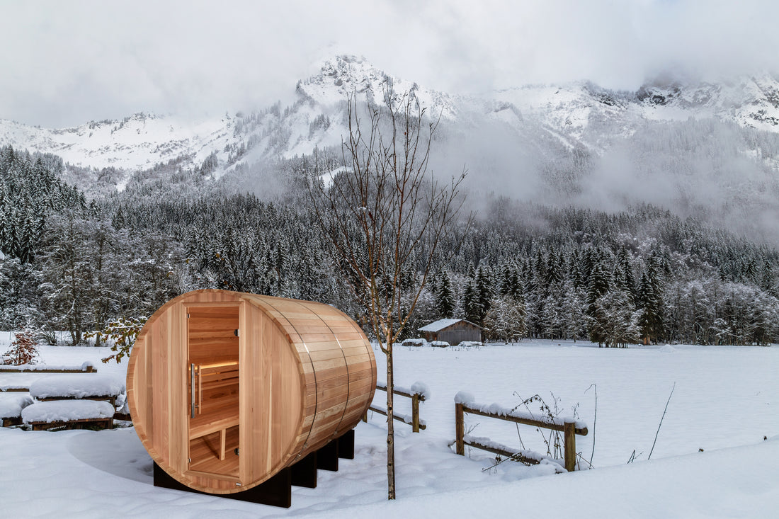 Golden Designs Klosters 6 Person Barrel Traditional Sauna with tempered glass door.