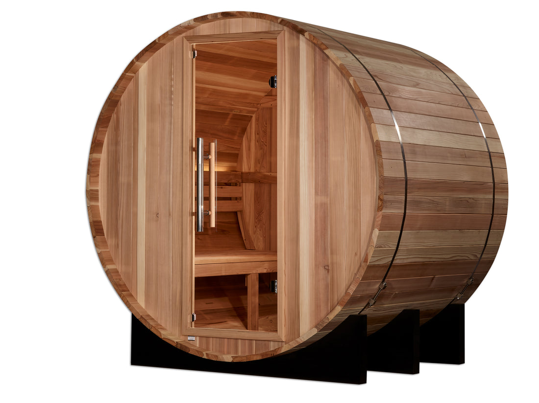 Golden Designs St. Moritz 2 Person Barrel Traditional Sauna with tempered safety glass door.