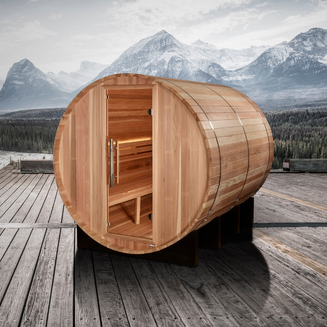 Golden Designs Klosters 6 Person Barrel Traditional Sauna with tempered glass door.
