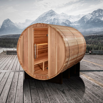 Golden Designs Klosters 6 Person Barrel Traditional Sauna with tempered glass door.