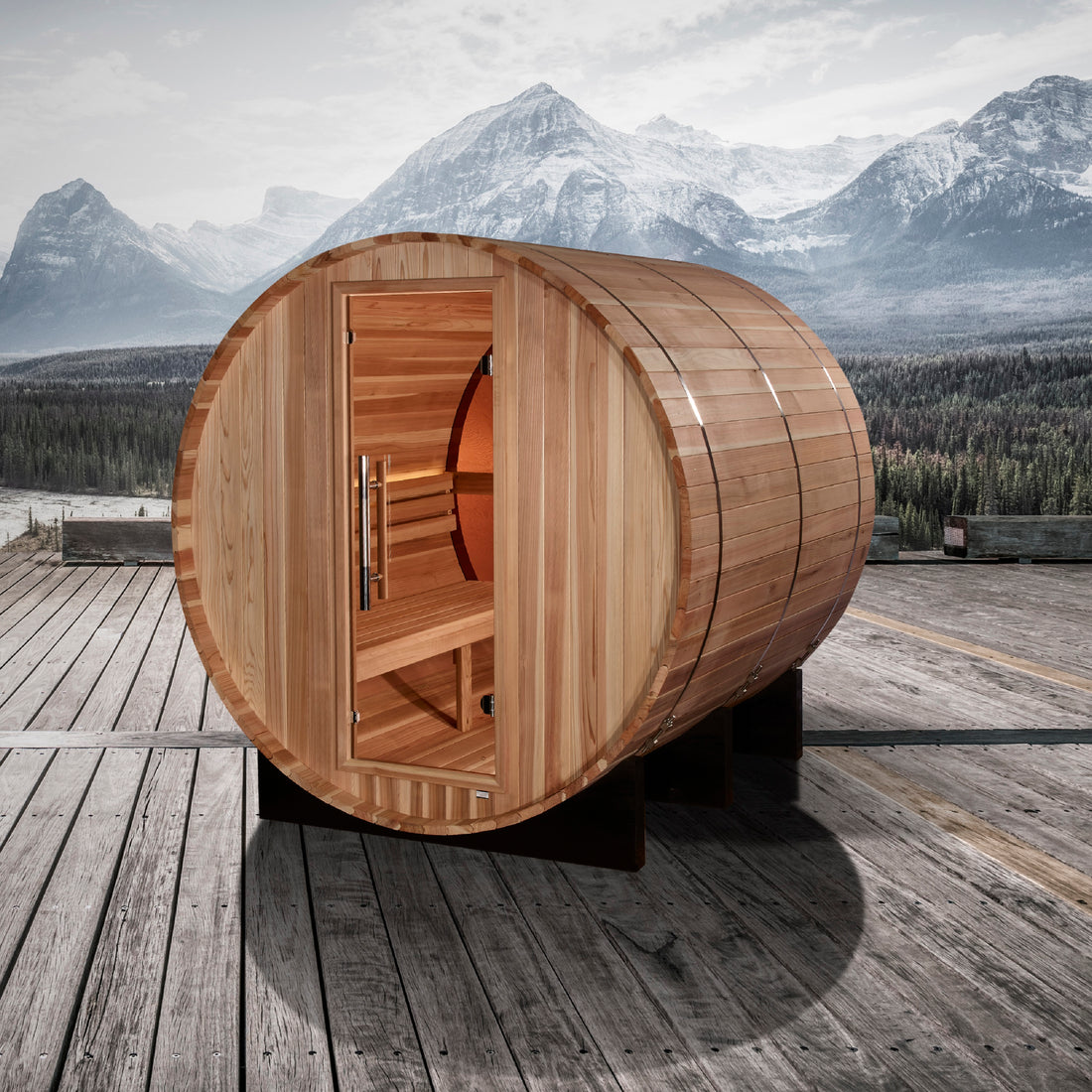 Golden Designs Zurich 4 Person Barrel Traditional Sauna with bronze tempered glass door.
