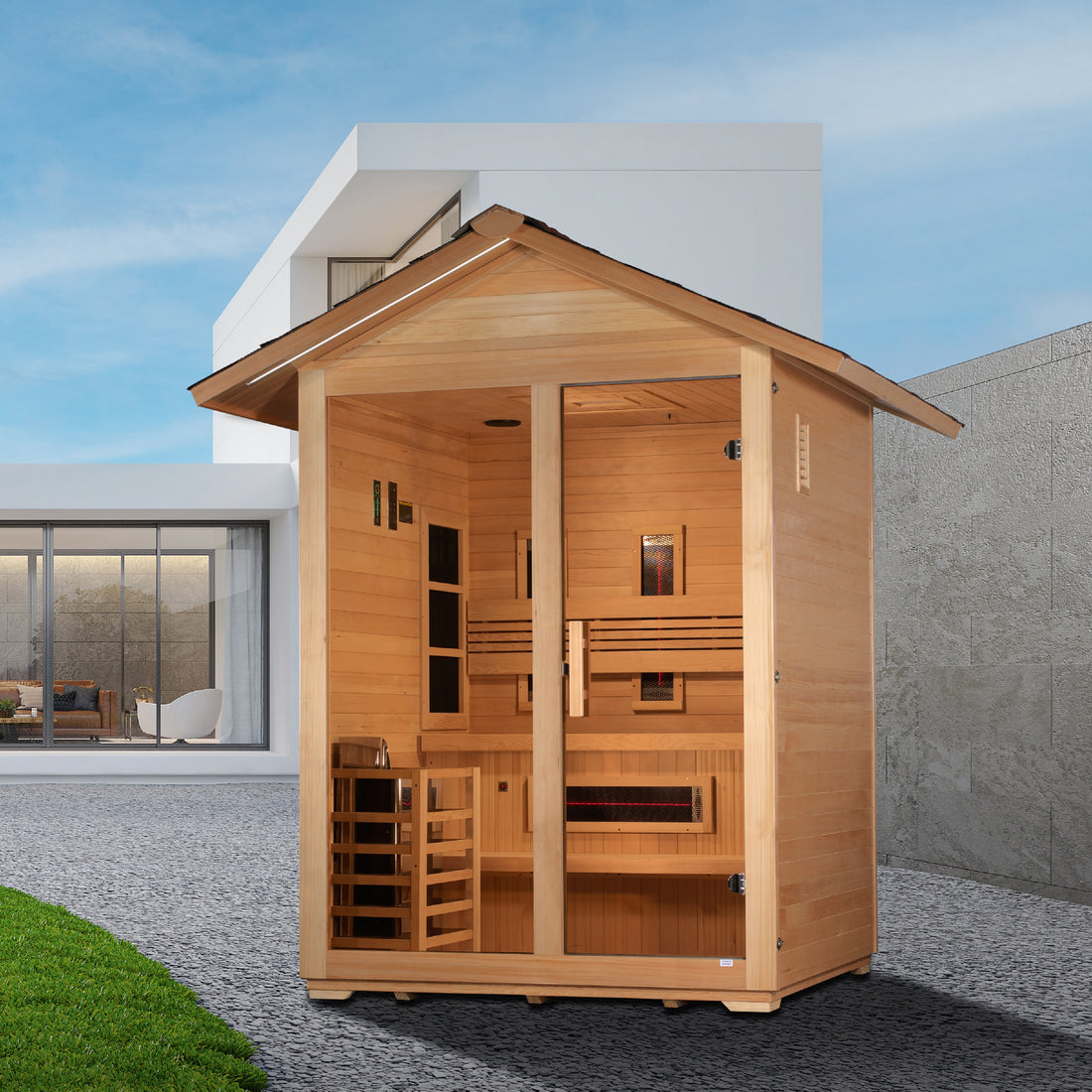 Golden Designs Carinthia 3 Person Hybrid outdoor sauna with tempered glass door.