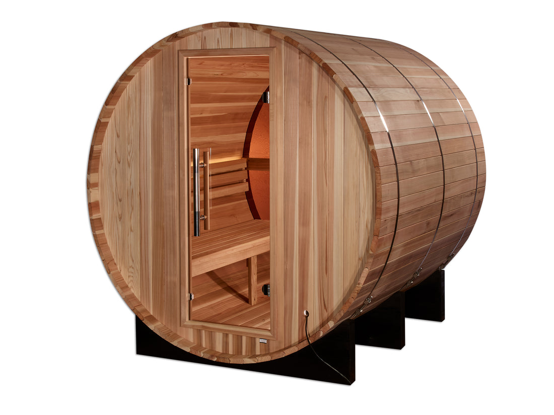 Golden Designs Zurich 4 Person Barrel Traditional Sauna with bronze tempered glass door.