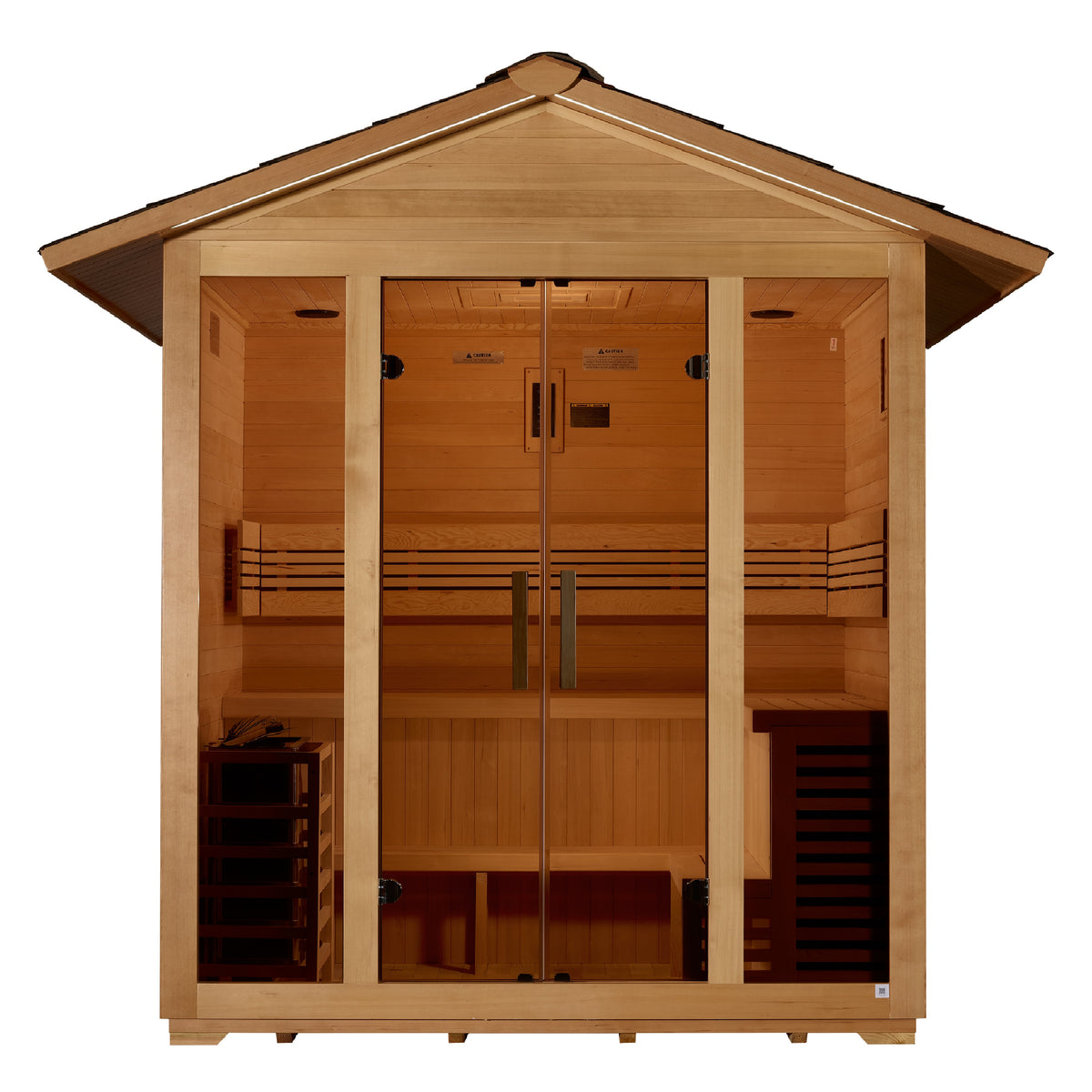 Golden Designs Vorarlberg 5 Person Traditional Outdoor Sauna - Canadian Hemlock with bronze tempered glass door.