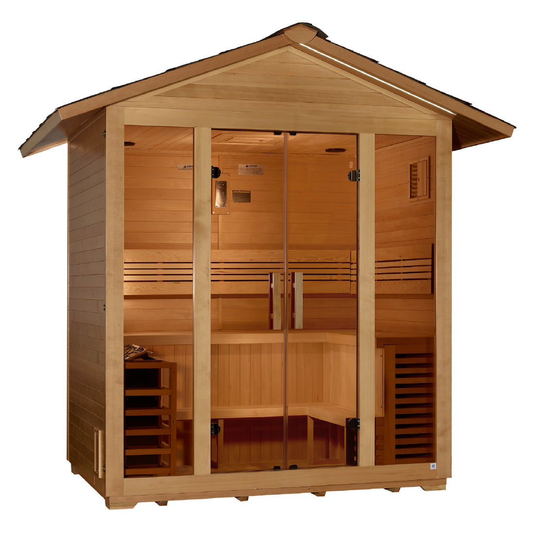 Golden Designs Vorarlberg 5 Person Traditional Outdoor Sauna - Canadian Hemlock with bronze tempered glass door.