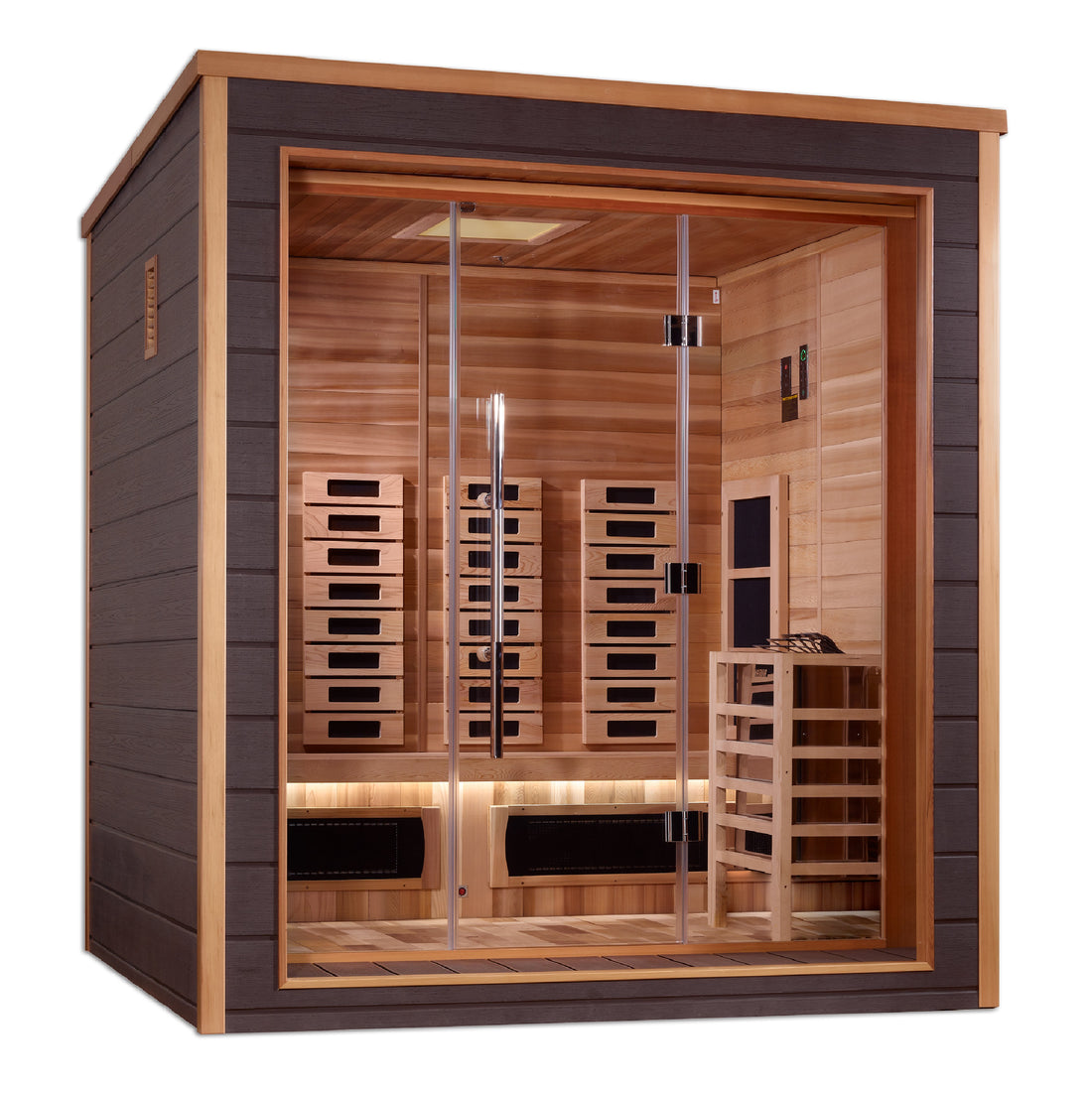 Golden Designs Visby 3 Person Hybrid sauna outdoor & indoor with tempered glass door.