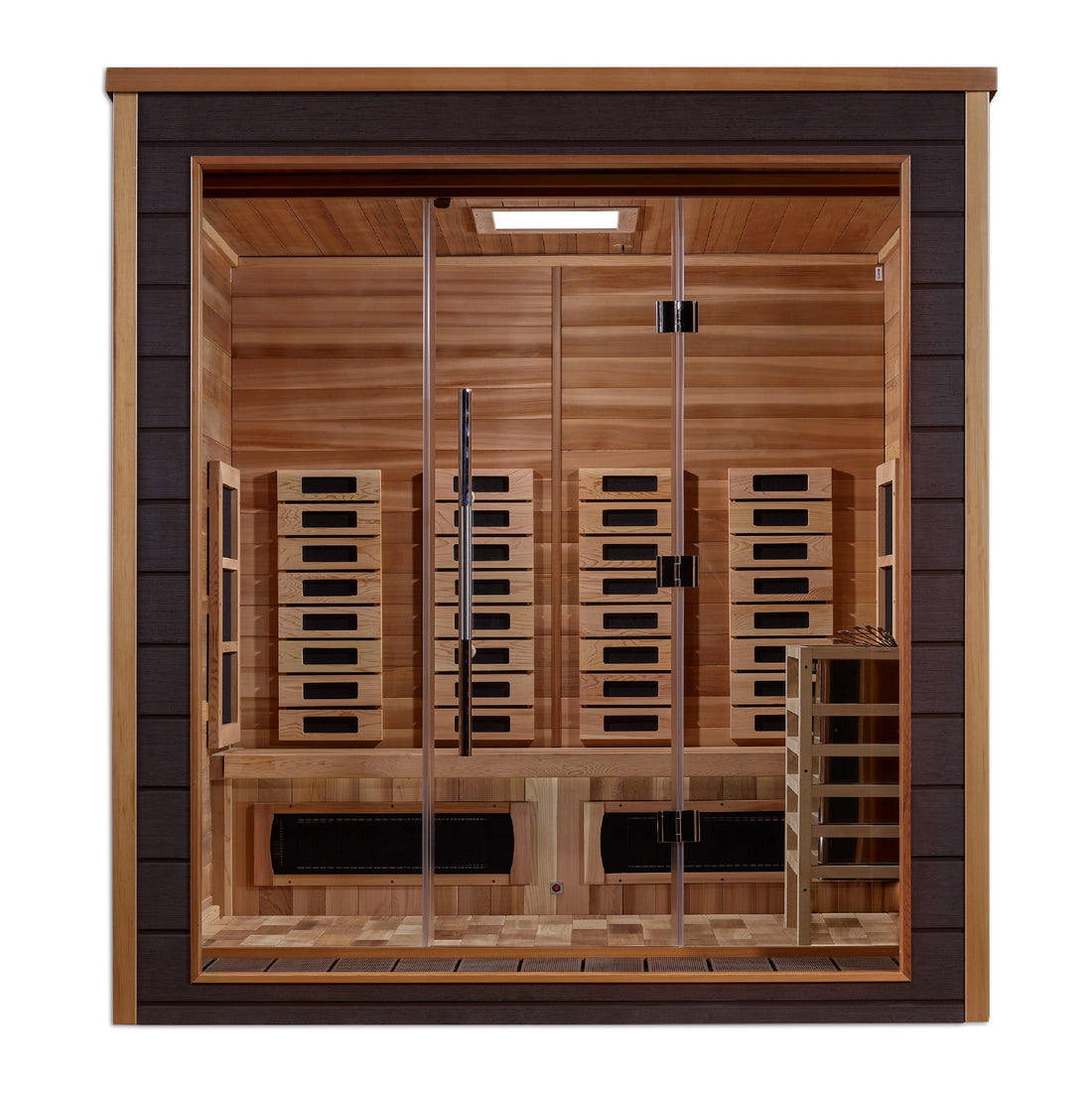Golden Designs Visby 3 Person Hybrid sauna outdoor & indoor with tempered glass door.