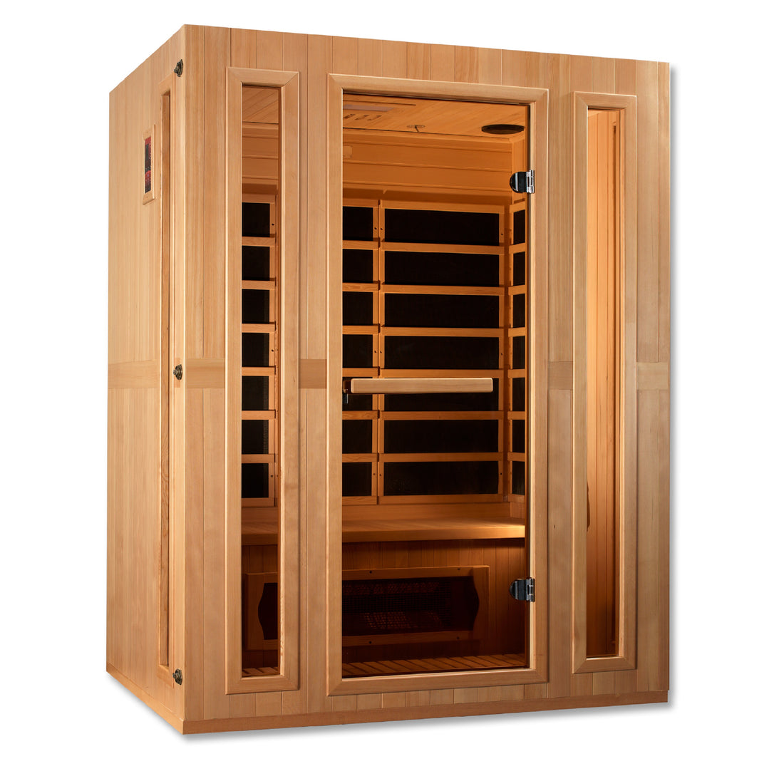 Maxxus Trinity 3-Person Dual Tech Infrared Sauna with Hemlock wood and tempered glass. 