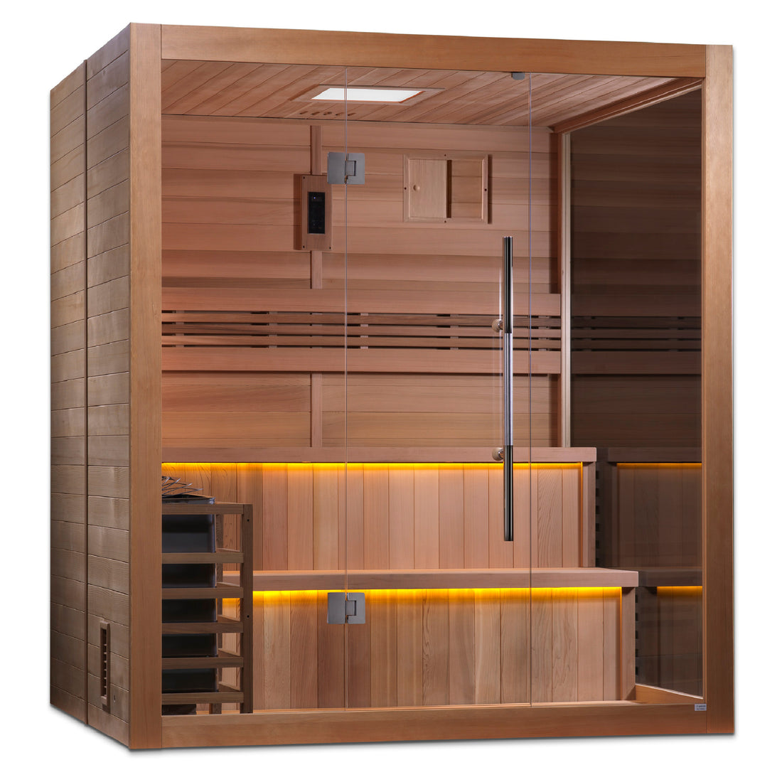Golden Designs Kuusamo Edition 6 Person Indoor Traditional Sauna with Canadian Red Cedar Interior and tempered glass door.