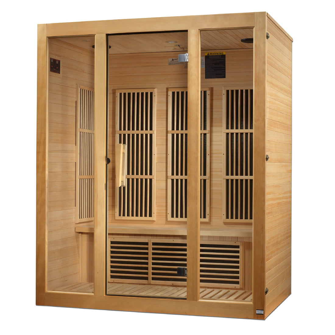 Maxxus Bellevue J306 3-Person Infrared Sauna with Hemlock wood and tempered glass door.