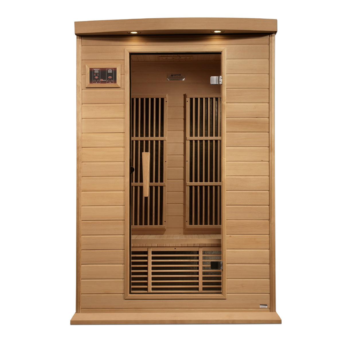 Maxxus K206 2-person Near Zero EMF Infrared Sauna with Hemlock wood and tempered glass door.