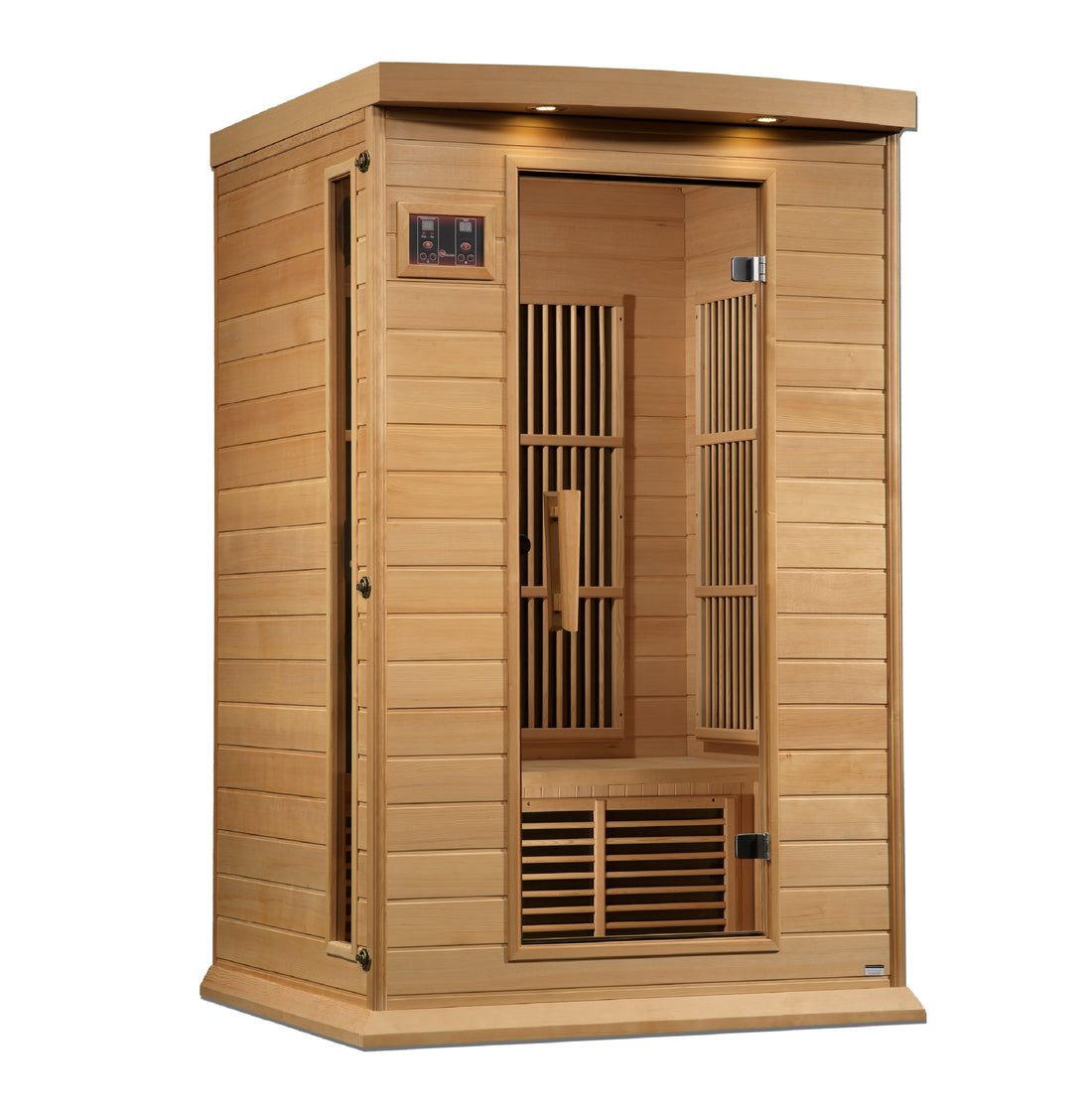 Maxxus K206 2-person Near Zero EMF Infrared Sauna with Hemlock wood and tempered glass door.