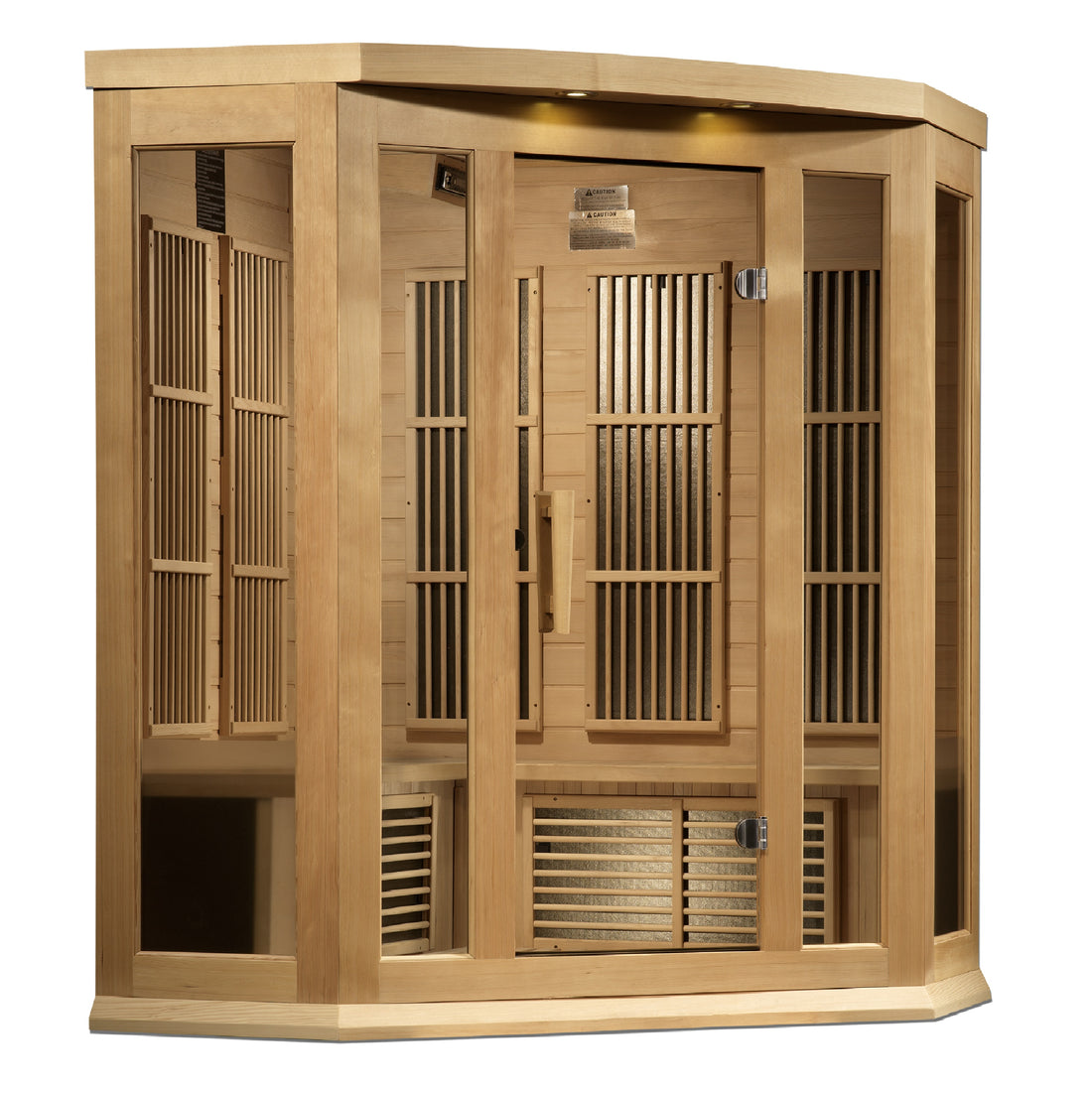 Maxxus K356 3-person Corner Infrared Sauna with Hemlock wood and tempered glass panels.