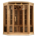 Maxxus K356 3-person Corner Infrared Sauna with Hemlock wood and tempered glass panels.