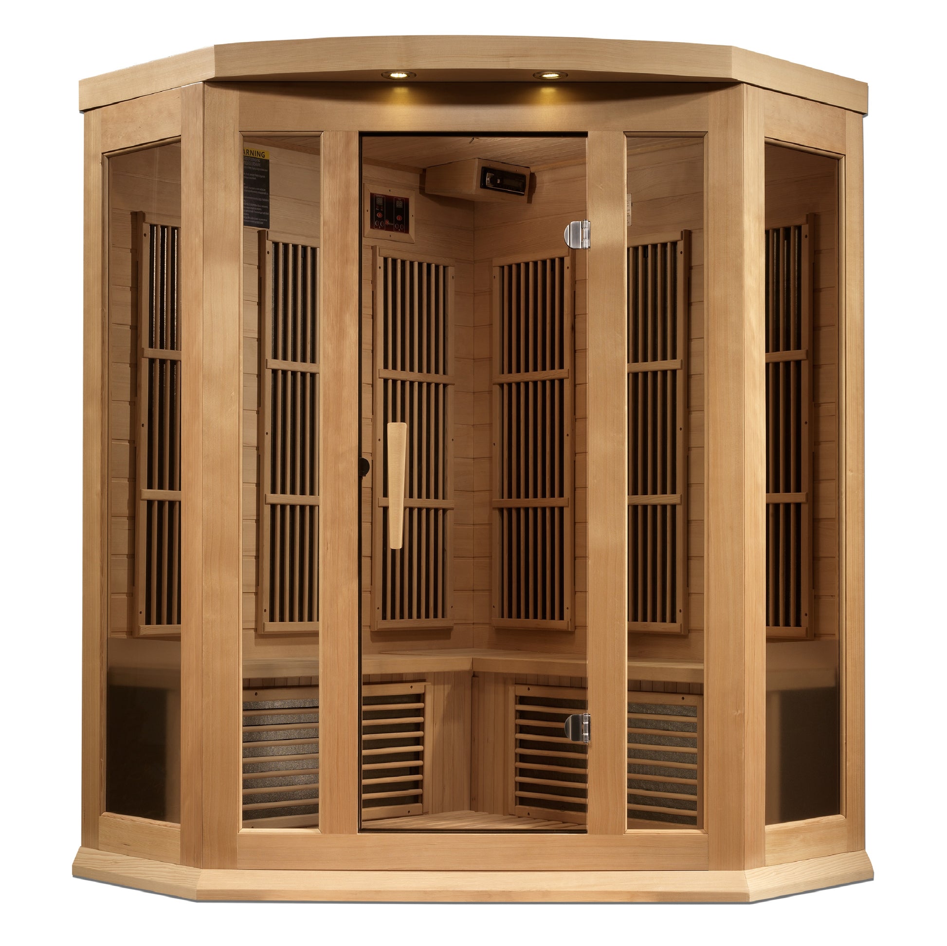 Maxxus K356 3-person Corner Infrared Sauna with Hemlock wood and tempered glass panels.