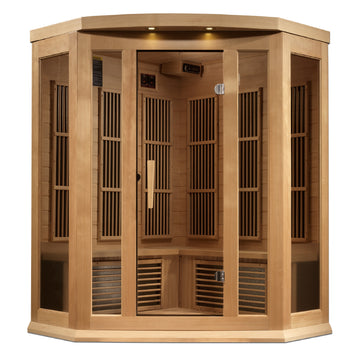 Maxxus K356 3-person Corner Infrared Sauna with Hemlock wood and tempered glass panels.