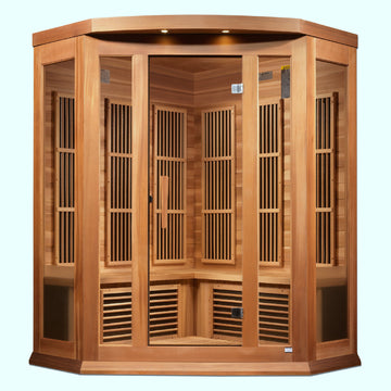 Maxxus K356 3-Person Corner Infrared Sauna with Red Cedar wood and tempered glass door. 
