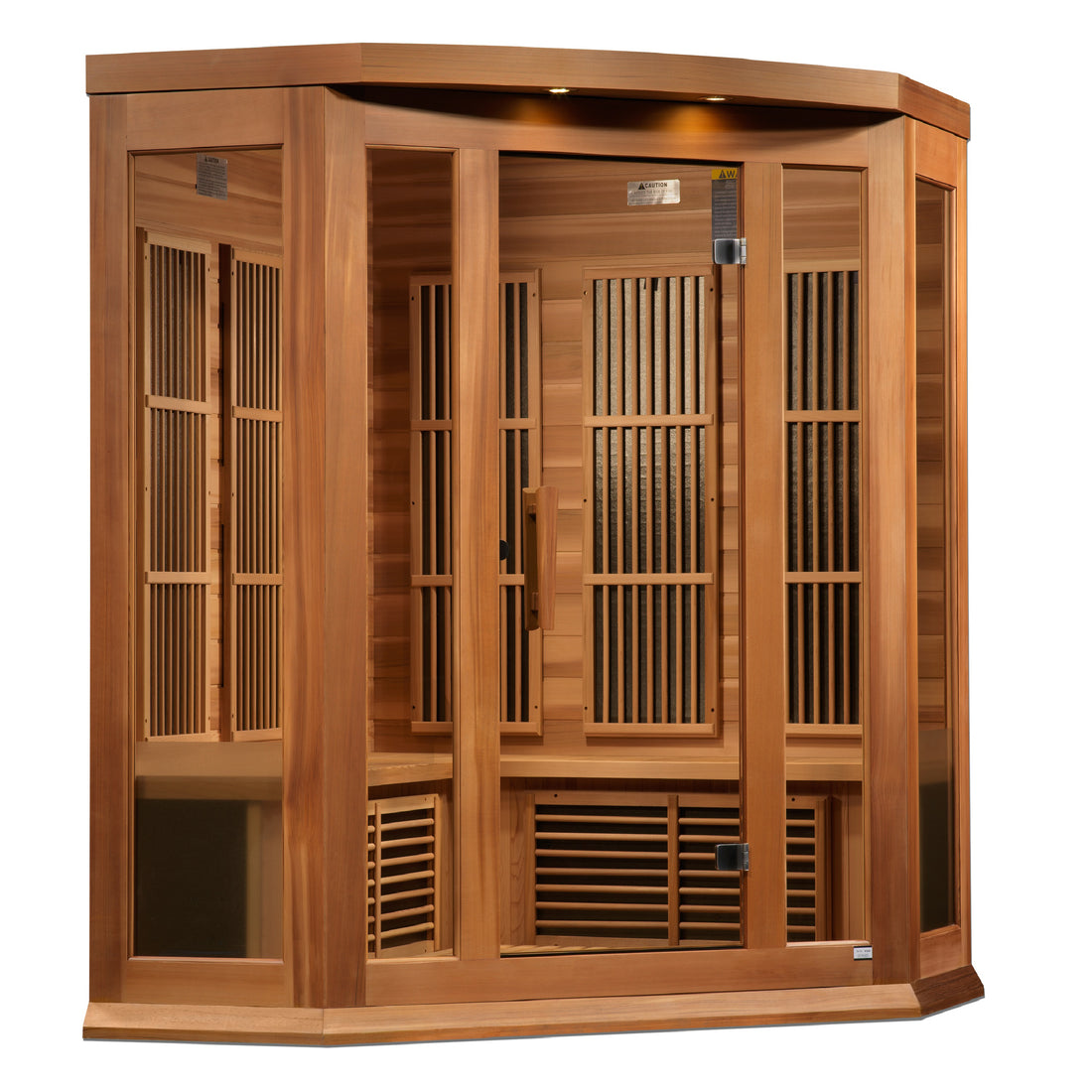 Maxxus K356 Red Cedar Corner Infrared Sauna with tempered glass door. 