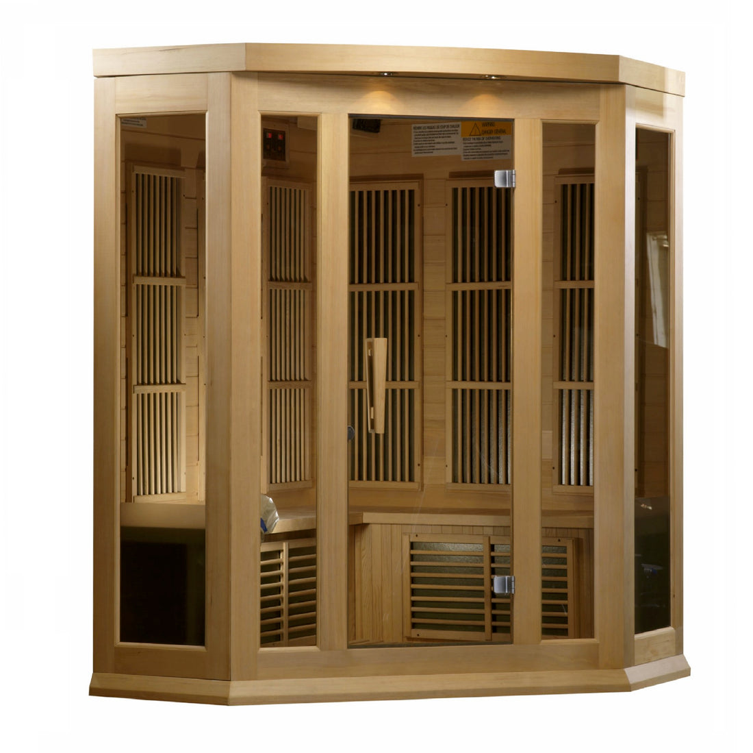 Maxxus K356 3-person Corner Infrared Sauna with Hemlock wood and tempered glass door. 