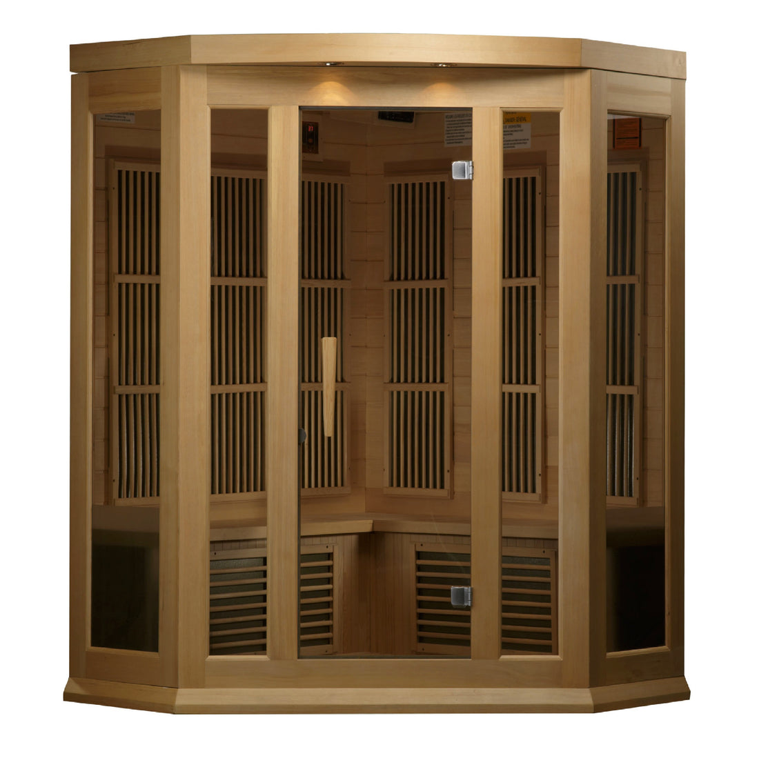 Maxxus K356 3-person Corner Infrared Sauna with Hemlock wood and tempered glass door. 