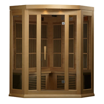 Maxxus K356 3-person Corner Infrared Sauna with Hemlock wood and tempered glass door. 