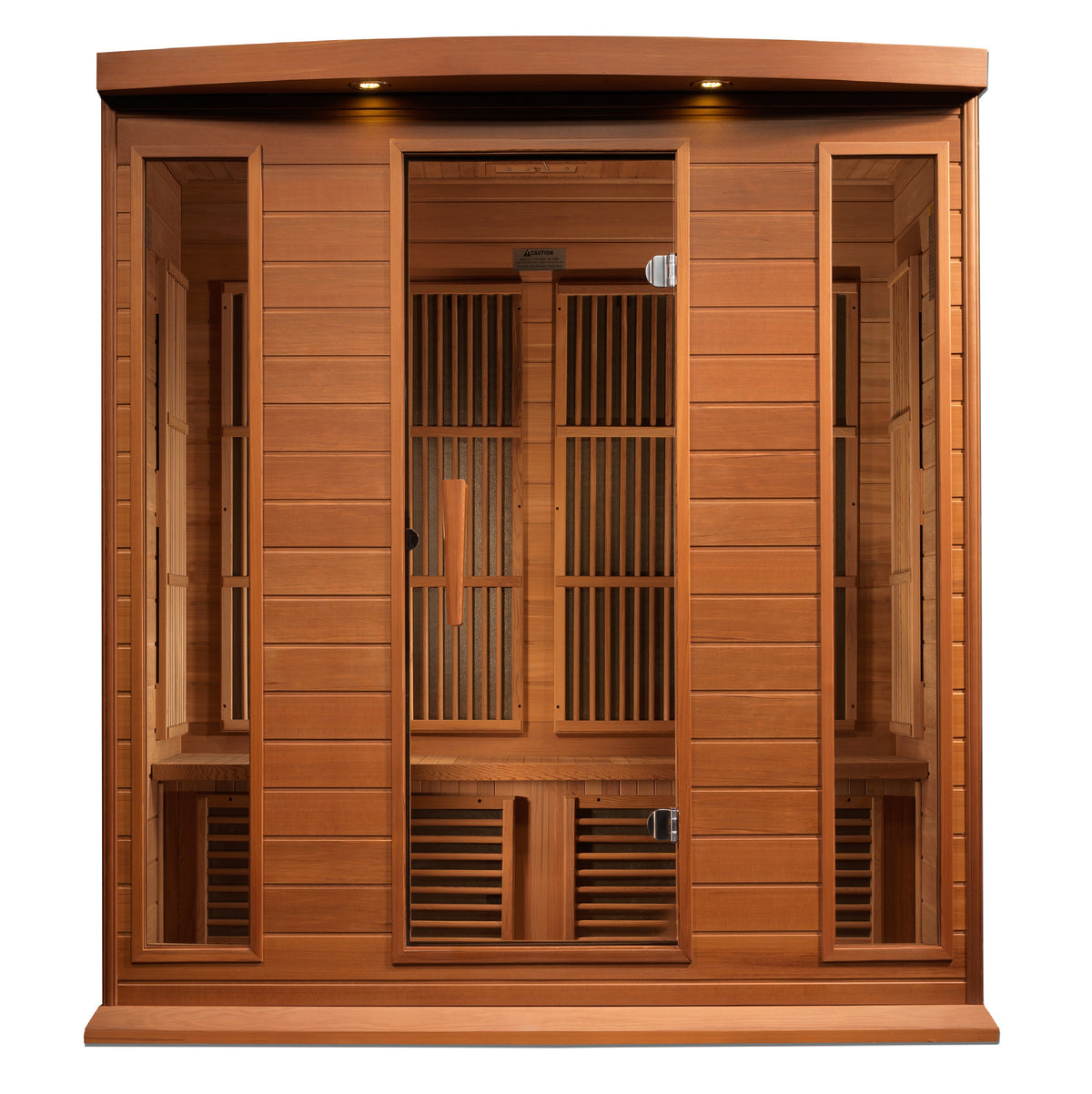 Maxxus K406 4-Person Infrared Sauna with Canadian Red Cedar wood and tempered glass.