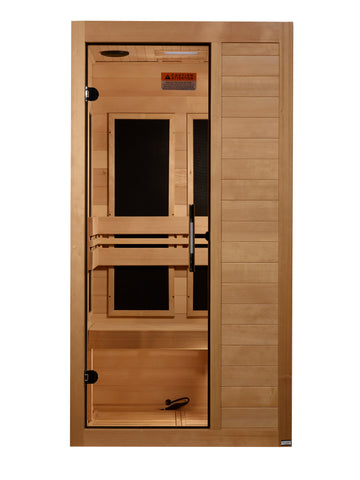 Maxxus S-Line Yoga S106 1-person Infrared Sauna in Hemlock wood with tempered glass door.