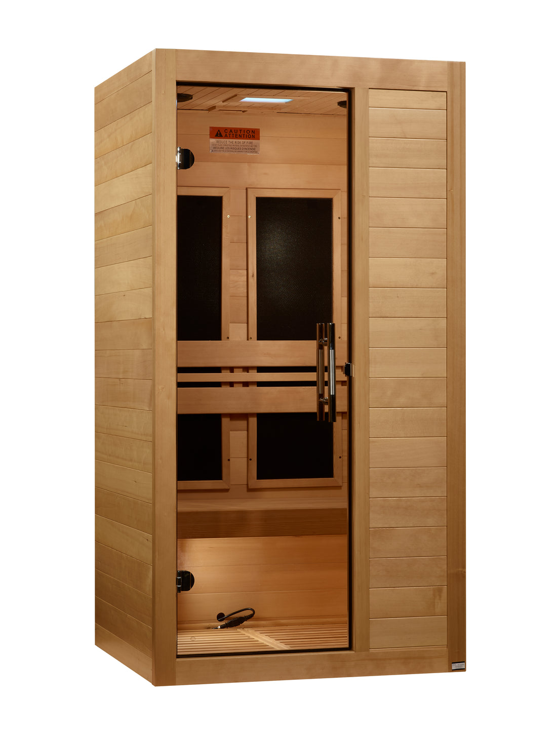 Maxxus S-Line Yoga S106 1-person Infrared Sauna in Hemlock wood with tempered glass door.