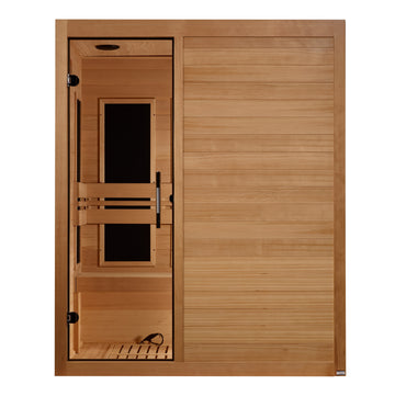Maxxus S-Line Yoga 3-person S306 Infrared Sauna with Hemlock wood and tempered glass door.