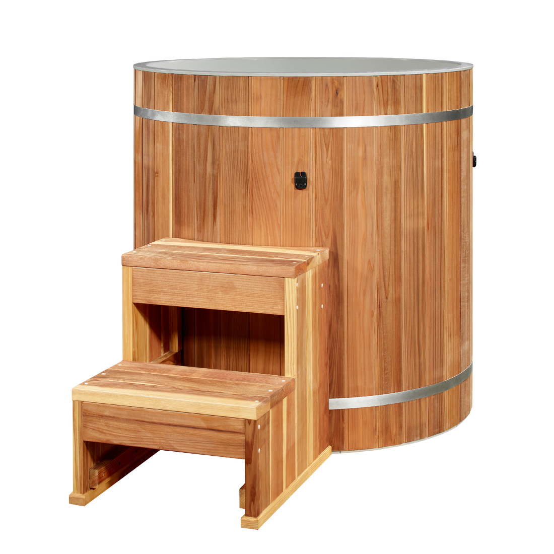 DCT Barrel - PVC with Premium Pacific Cedar Wood Exterior and stepping stool.