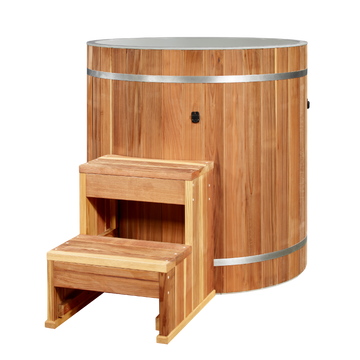 DCT Barrel - PVC with Premium Pacific Cedar Wood Exterior and stepping stool.