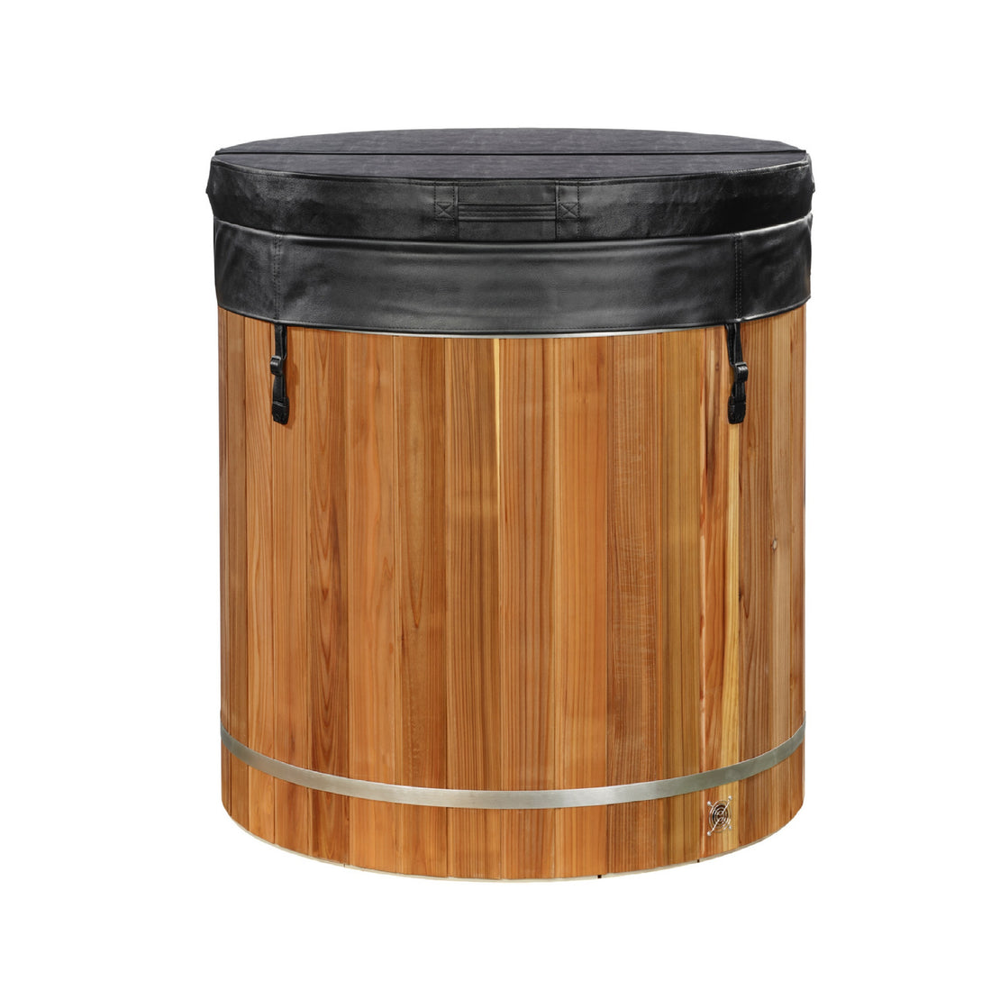 DCT Cold Plunge Barrel - Pacific Cedar wood exterior with wooden step stool. 