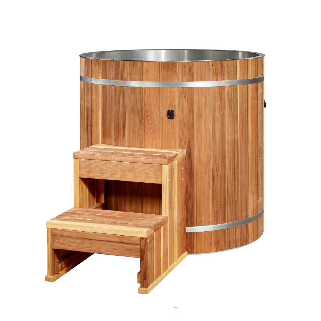 DCT Cold Plunge Barrel - Pacific Cedar wood exterior with wooden step stool. 