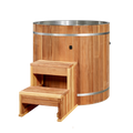 DCT Cold Plunge Barrel - Pacific Cedar wood exterior with wooden step stool. 