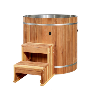 DCT Cold Plunge Barrel - Pacific Cedar wood exterior with wooden step stool. 