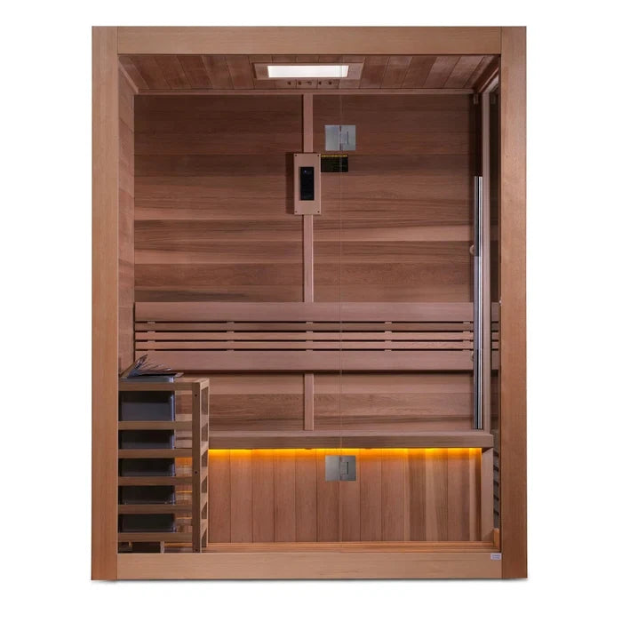 Golden Designs Hanko Edition 2 Person Indoor Traditional Sauna with Canadian Red Cedar interior and tempered glass door.