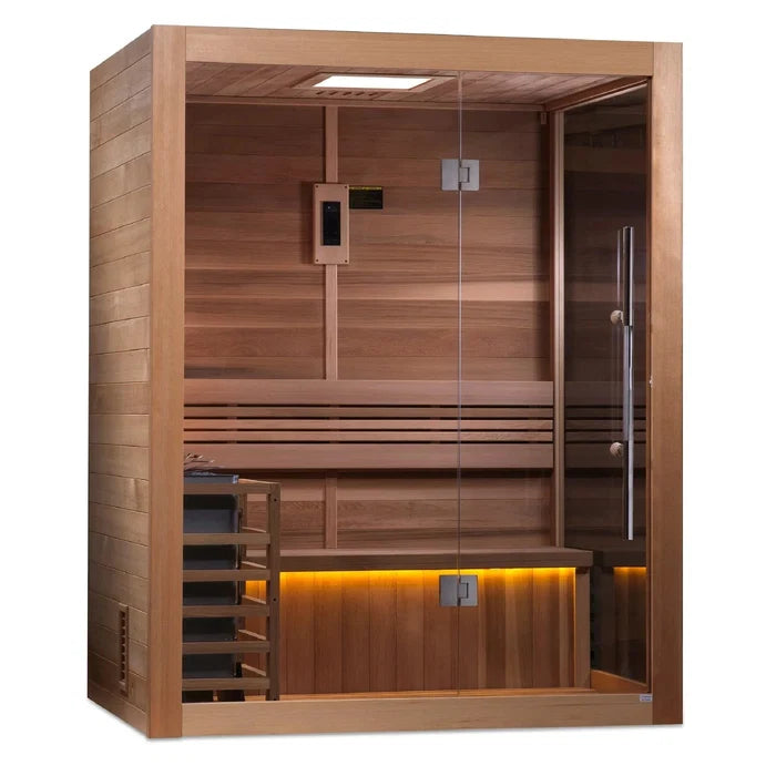 Golden Designs Hanko Edition 2 Person Indoor Traditional Sauna with Canadian Red Cedar interior and tempered glass door.